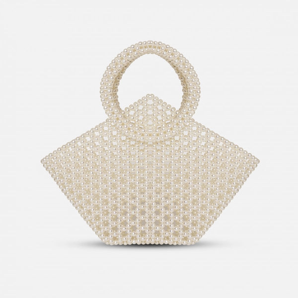 Mini beaded pearl tote bag, pearl