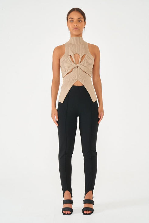 High Neck Twisted Cut Out Top, Mocha