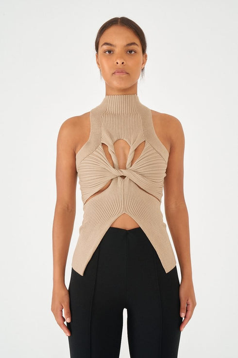 High Neck Twisted Cut Out Top, Mocha