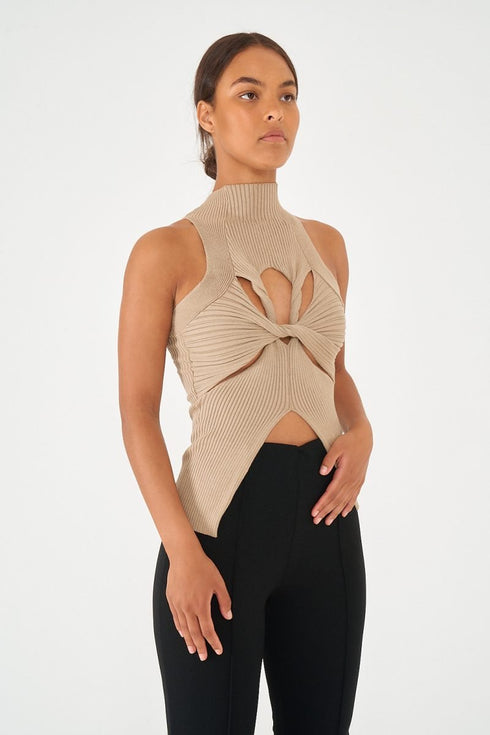 High Neck Twisted Cut Out Top, Mocha