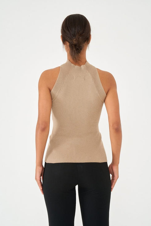 High Neck Twisted Cut Out Top, Mocha