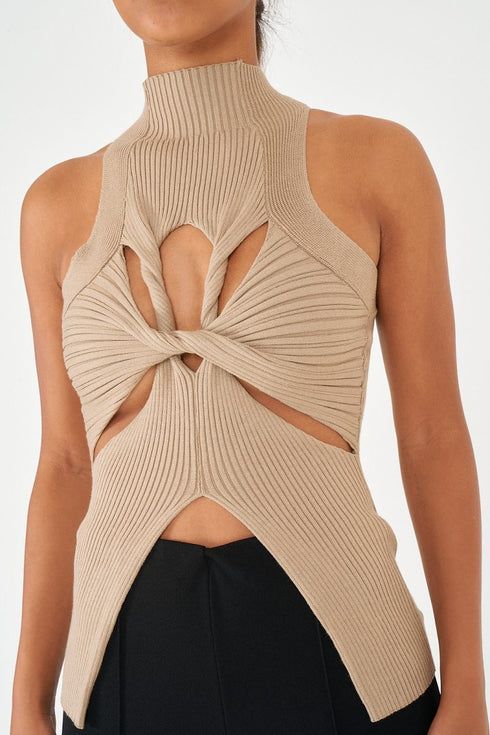 High Neck Twisted Cut Out Top, Mocha