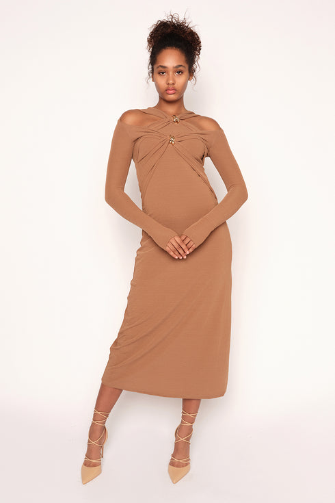 Cross Neck Cut Out Dress, Mocha