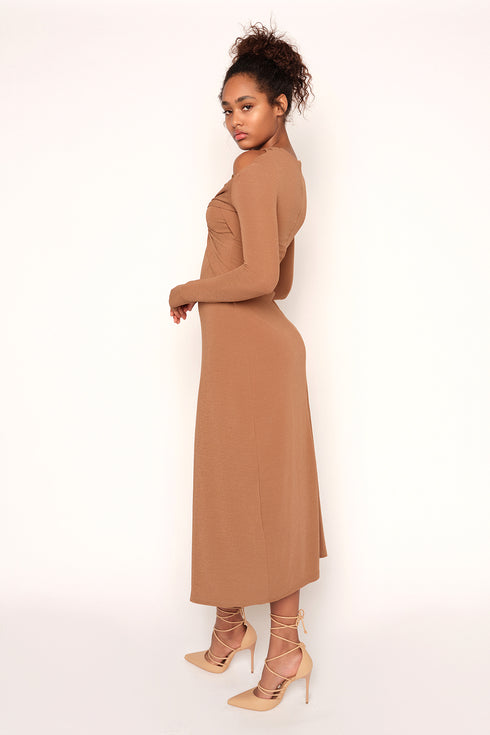 Cross Neck Cut Out Dress, Mocha