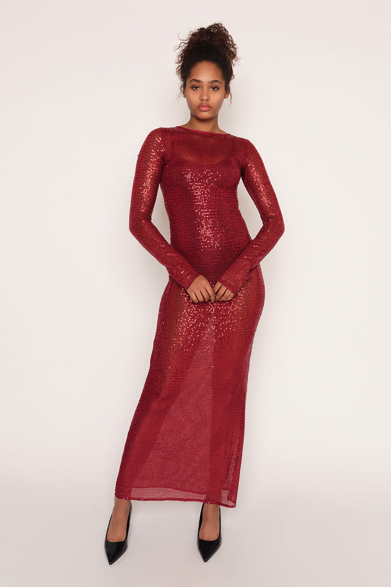 chinese dress ladies Cline red semi-sheer tulle-panel maxi dress