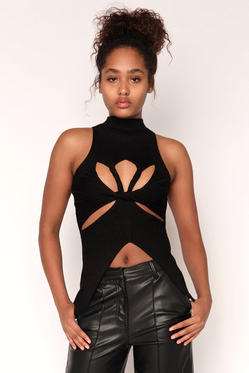 High Neck Twisted Cut Out Top, Black