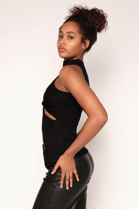 High Neck Twisted Cut Out Top, Black