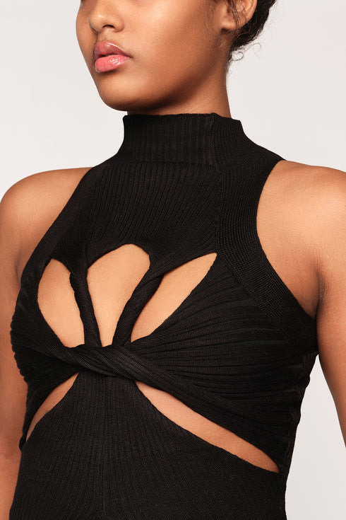 High Neck Twisted Cut Out Top, Black