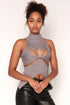 High Neck Twisted Cut Out Top, Grey