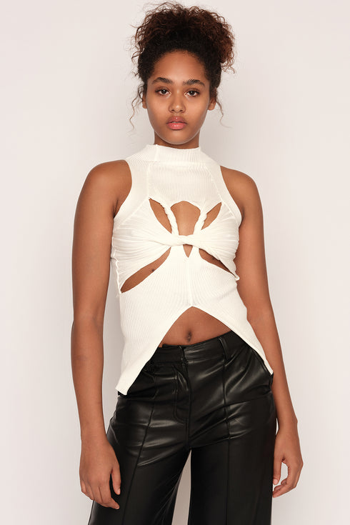 High Neck Twisted Cut Out Top, White