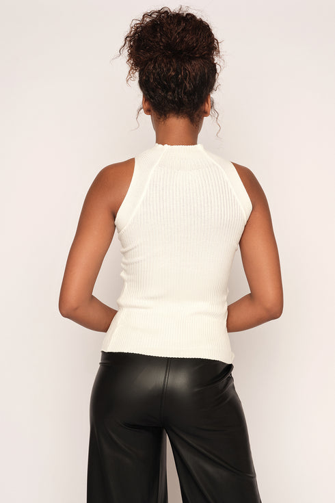 High Neck Twisted Cut Out Top, White