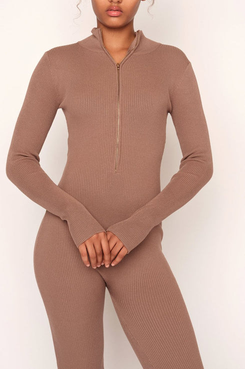 Ribbed Unitard Jumpsuit, Khaki