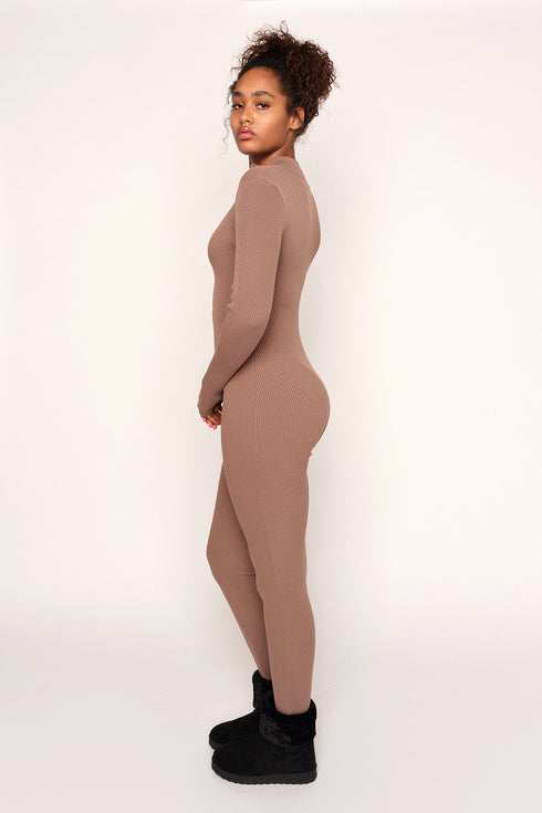 Ribbed Unitard Jumpsuit, Khaki