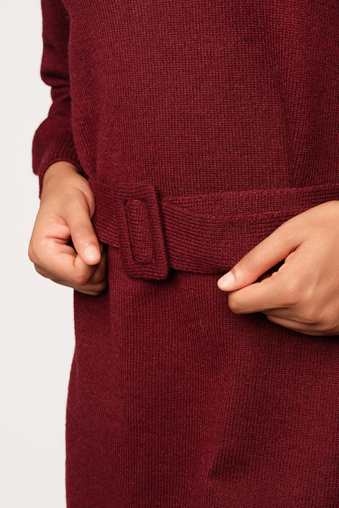 Belted Soft Jumper Dress, Burgundy