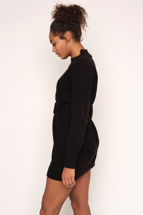 Belted Soft Jumper Dress, Black