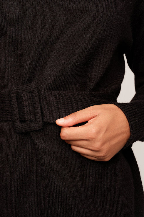 Belted Soft Jumper Dress, Black