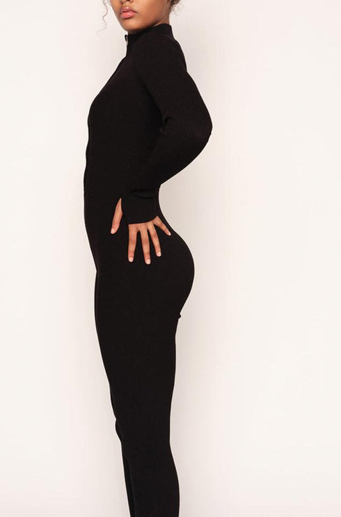 Ribbed Unitard Jumpsuit, Black