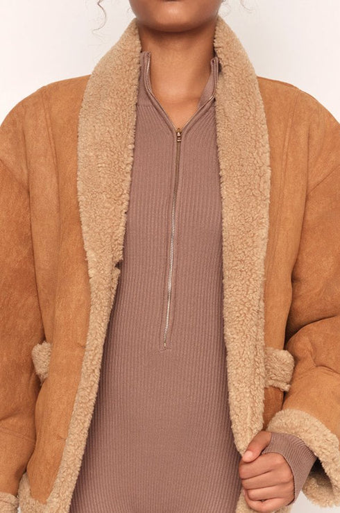 Faux Lambswool Fur Lined Shearling Jacket,Tan