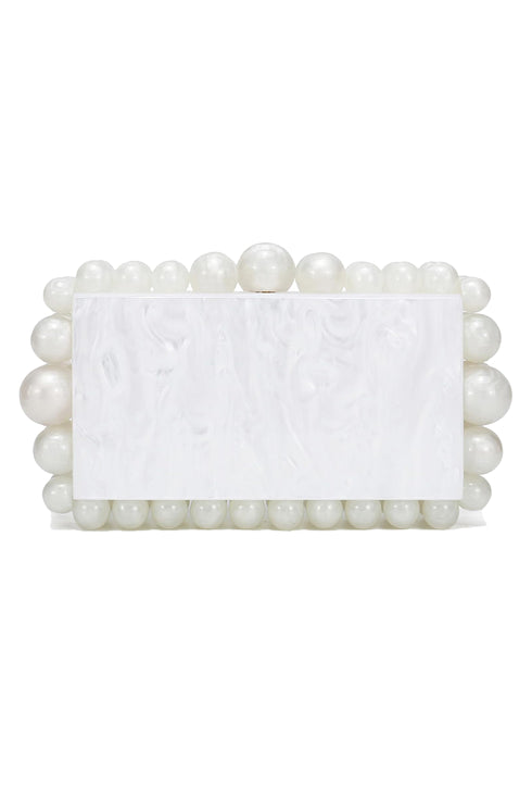 Acrylic pearl ball clutch bag, white
