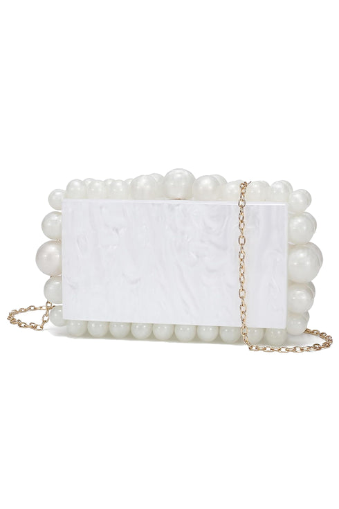 Acrylic pearl ball clutch bag, white