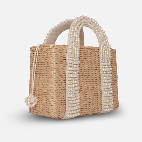 Mini pearl handle basket bag, straw