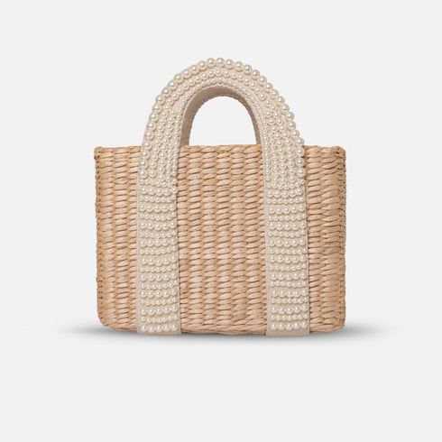 Mini pearl handle basket bag, straw