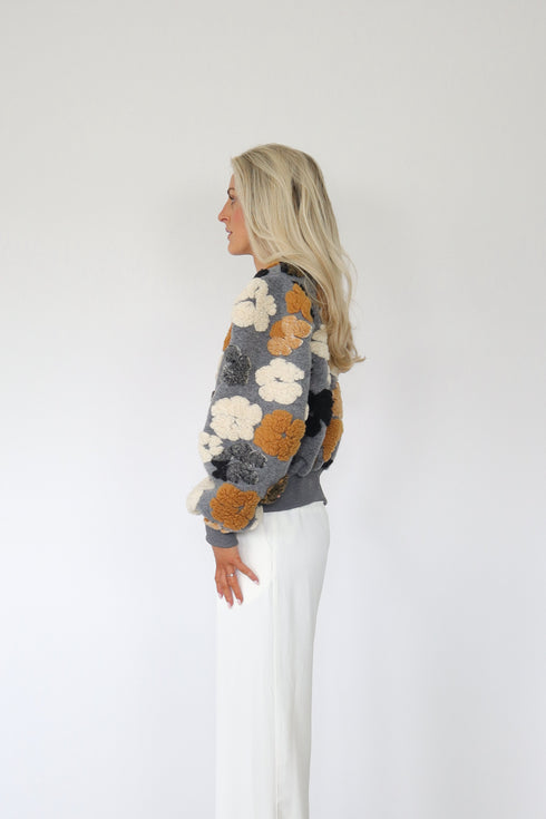 The Floral Cropped Bomber Jacket, Grey/Tan