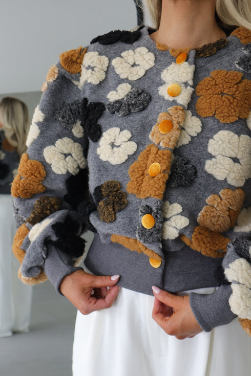 The Floral Cropped Bomber Jacket, Grey/Tan