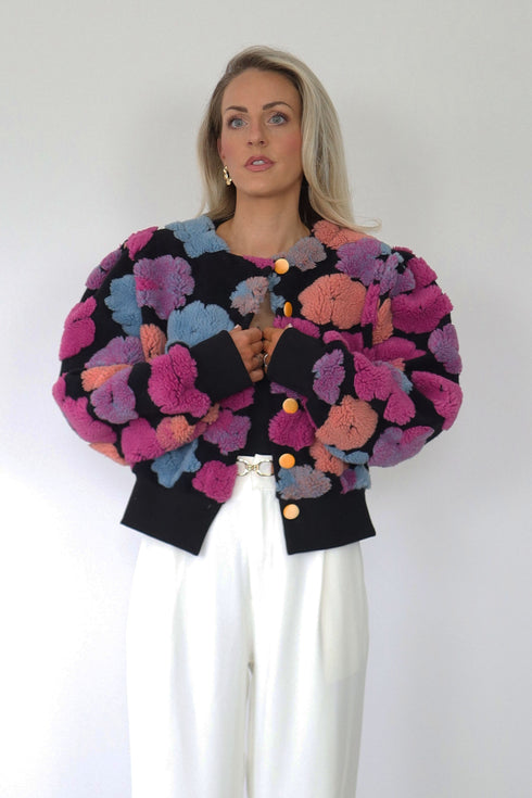 The Floral Cropped Bomber Jacket, Black/Pink