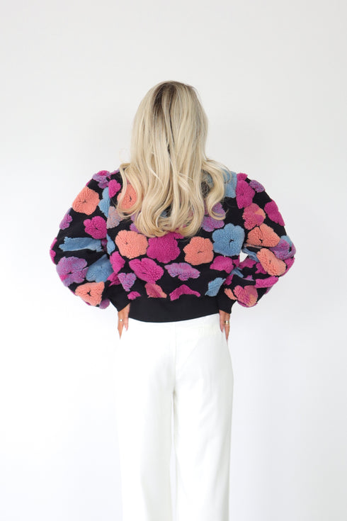 The Floral Cropped Bomber Jacket, Black/Pink