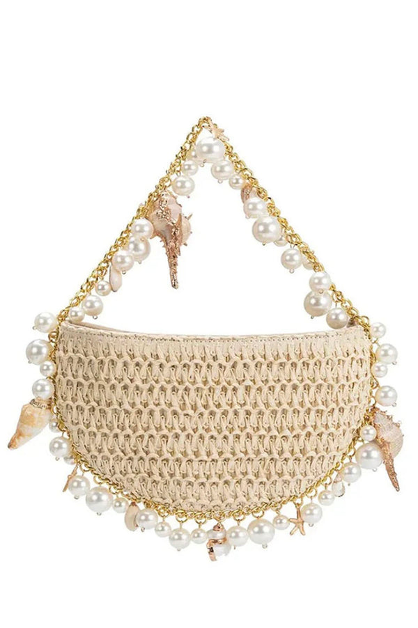 Half moon pearl shell straw bag