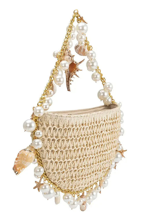 Half moon pearl shell straw bag