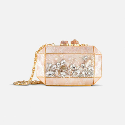 Mother of pearl gem stone clutch, gold