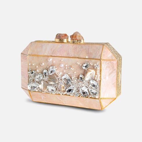 Mother of pearl gem stone clutch, gold