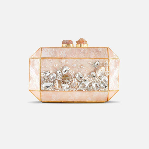 Mother of pearl gem stone clutch, gold