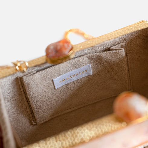 Mother of pearl gem stone clutch, gold