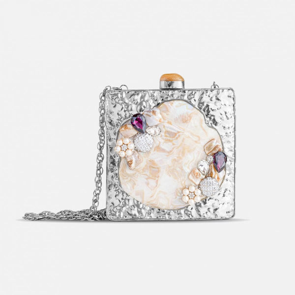 Silver metal square stone clutch, silver