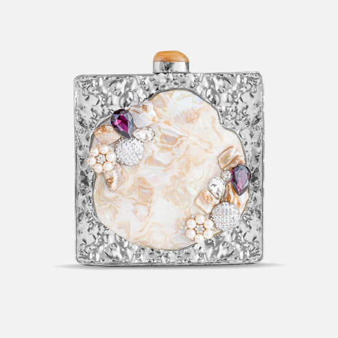 Silver metal square stone clutch, silver