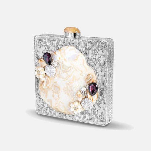 Silver metal square stone clutch, silver